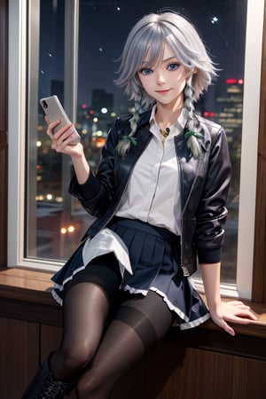 masterpiece, best quality, highres, 1girl, solo, izayoi Sakuya, cute, blue eyes, braid, grey hair, short hair, twin braids, medium breasts, small smile, shirt, black jacket, high boots, skirt, pantyhose, night, holding phone