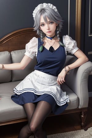 masterpiece, best quality, highres, 1girl, solo, izayoi Sakuya, cute, blue eyes, braid, grey hair, short hair, twin braids, medium breasts, jawerly, choker necklace, bracelet, maid dress, high shoes, skirt, pantyhose, maid uniform, seductive pose, sofa