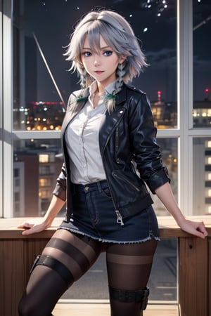 masterpiece, best quality, highres, 1girl, solo, izayoi Sakuya, blue eyes, braid, grey hair, short hair, twin braids, medium breasts, shirt, black jacket, high boots, pantyhose, night