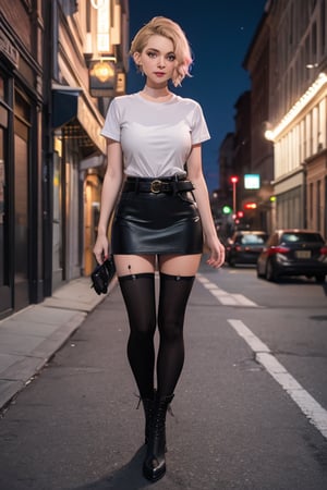 masterpiece, best quality, highres, blonde hair, cute, mature girl, small pink tips on hair, sidecut hair, side cut, wide hips, short hair, blue eyes, big eyes, big breasts, piercing, piercing eyebrows, small smile, cut hairs, pantyhose, black thigh skirt, belt, high boots, small t-shirt, walking, street, night