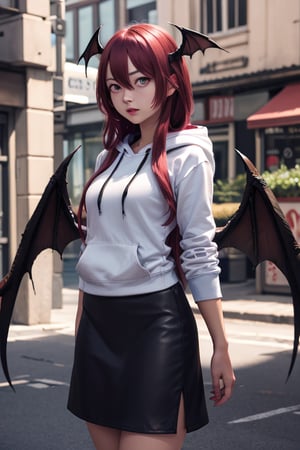 masterpiece, best quality, highres, 1girl, solo, koakuma, mature, mature girl, milf, medium breasts, long hair, crimson hair, weak crimson eyes, big eyes, wings behind, wings on head, hoodie, short wide skirt, street, 