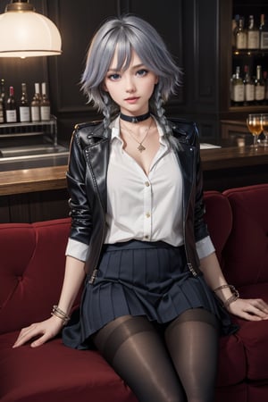 masterpiece, best quality, highres, 1girl, solo, izayoi Sakuya, cute, blue eyes, braid, grey hair, short hair, twin braids, medium breasts, jawerly, choker necklace, bracelet, shirt, black jacket, high boots, skirt, pantyhose, sit, sofa, seductive pose, bar