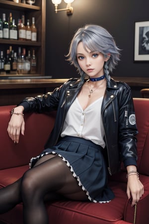 masterpiece, best quality, highres, 1girl, solo, izayoi Sakuya, cute, blue eyes, braid, grey hair, short hair, twin braids, medium breasts, jawerly, choker necklace, bracelet, shirt, black jacket, high boots, skirt, pantyhose, sit, sofa, seductive pose,crossed legs, bar