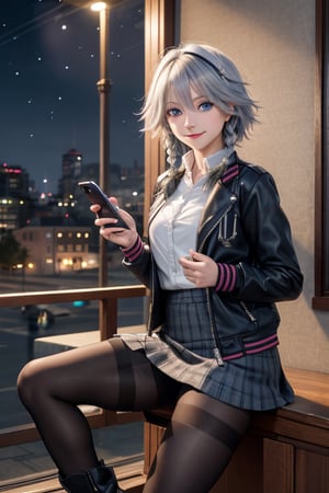 masterpiece, best quality, highres, 1girl, solo, izayoi Sakuya, cute, blue eyes, braid, grey hair, short hair, twin braids, medium breasts, small smile, shirt, black jacket, high boots, skirt, pantyhose, night, holding phone