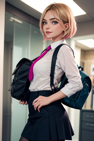 masterpiece, best quality, highres, blonde hair, cute, mature girl, small pink tips on hair, sidecut hair, side cut, wide hips, short hair, blue eyes, big eyes, big breasts, piercing, piercing eyebrows, small smile, cut hairs, pantyhose, navy skirt, dark navy shirt, necktie, backpack, holding phone, view from below