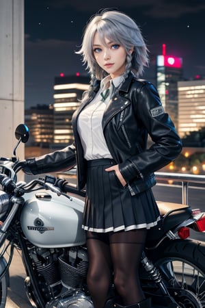 masterpiece, best quality, highres, 1girl, solo, izayoi Sakuya, cute, blue eyes, braid, grey hair, short hair, twin braids, medium breasts, shirt, black jacket, high boots, skirt, pantyhose, night, motorcycle