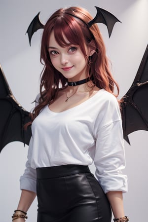 masterpiece, best quality, highres, 1girl, solo, koakuma, weak red eyes, mature, mature girl, milf, medium breasts, long hair, crimson hair, big eyes, wings behind, small wings on head, cute, weak smile, jewelry, choker necklace, bracelet,  white t-shirt, black jacket, short wide skirt,  