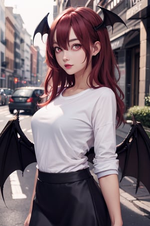 masterpiece, best quality, highres, 1girl, solo, koakuma, red eyes, mature, mature girl, milf, medium breasts, long hair, crimson hair,big eyes, crimson eyes, wings behind, wings on head, t-shirt, jacket, short wide skirt, street, 