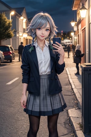 masterpiece, best quality, highres, 1girl, solo, izayoi Sakuya, cute, blue eyes, braid, grey hair, short hair, twin braids, medium breasts, small smile, shirt, black jacket, high boots, skirt, pantyhose, night, holding phone