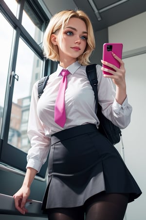 masterpiece, best quality, highres, blonde hair, cute, mature girl, small pink tips on hair, sidecut hair, side cut, wide hips, short hair, blue eyes, big eyes, big breasts, piercing, piercing eyebrows, small smile, cut hairs, pantyhose, navy skirt, dark shirt, necktie, backpack, holding phone, view from below, punk