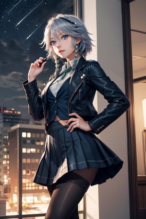 masterpiece, best quality, highres, 1girl, solo, izayoi Sakuya, cute, blue eyes, braid, grey hair, short hair, twin braids, medium breasts, shirt, black jacket, high boots, skirt, pantyhose, night, smoking