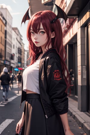 masterpiece, best quality, highres, 1girl, solo, koakuma, amber eyes, mature, mature girl, milf, medium breasts, long hair, crimson hair, big eyes, wings behind, wings on head, t-shirt, black jacket, short wide skirt, street, 