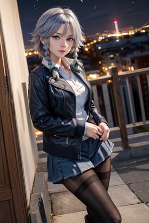 masterpiece, best quality, highres, 1girl, solo, izayoi Sakuya, blue eyes, braid, grey hair, short hair, twin braids, medium breasts, shirt, black jacket, high boots, pantyhose, night