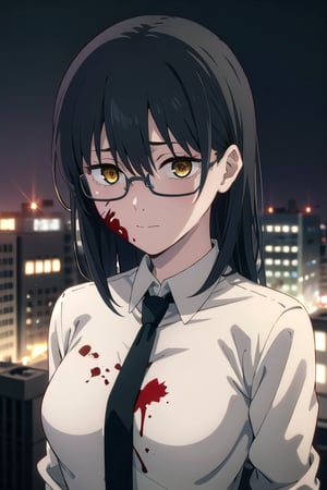 (masterpiece), best quality, high resolution, highly detailed, detailed background, perfect lighting, 1girl, bangs, medium breasts, blouse, black hair, ,csm anime style, yellow eyes, necktie, glasses, blood, blood in face, city