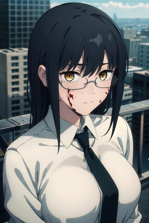 (masterpiece), best quality, high resolution, highly detailed, detailed background, perfect lighting, 1girl, bangs, medium breasts, blouse, black hair, ,csm anime style, yellow eyes, necktie, glasses, blood, blood in face, city