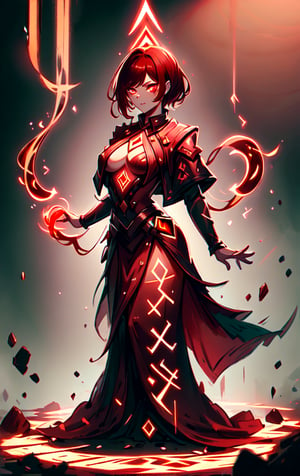 (High Quality, Highly Detailed, High resolution), female Sorcerer, casting spell, gorgeous Woman, Urban Techwear, Demonictech, GlowingRunes_Red, RUNE_MAGIC, magic, aura, glowing, Red (dark red theme:1.2), infused glowing lightning, seductive dress, overboob, 