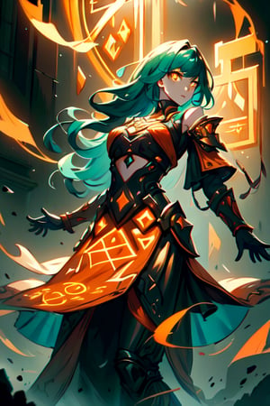 (High Quality, Highly Detailed, High resolution), female Sorcerer, casting spell, gorgeous Woman, Urban Techwear, Demonictech, GlowingRunes_Orange, RUNE_MAGIC, magic, aura, glowing, orange (dark orange theme:1.2), teal lightning infused, seductive_pose, maniac, teal_eyes, sexy armour, underboob, blue hair, long_hair, off_shoulders