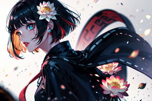 1 teen girl,solo,long shot, facing back, white background,(energy flowing:1.),(glowing lotus flower),bob cut, long hair, multicolored hair, makeup , parted lips, red lips, eyeliner, ,walkure /(takt op./),perfecteyes