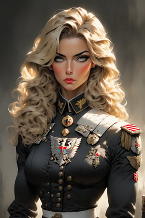 World War Two, German Woman, Blonde Woman, Villainess, Super Soldier, Muscles Muscles, Black Military Uniform, Full Body View, ultra hd, realistic, vivid colors, highly detailed, UHD drawing, pen and ink, perfect composition, beautiful detailed intricate insanely detailed octane render trending on artstation, 8k artistic photography, photorealistic concept art, soft natural volumetric cinematic perfect light