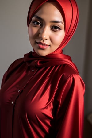 1girl, 3/4 shoot, hijab, hijabergo, closeup, wearing transparent Abaya red satin fabric, in luxury bedroom, big ass, natural breast, beautiful face, facing the camera, very real skin, HIJAB GIRLS, 3D MODEL, firefliesfireflies, perfect, photorealistic