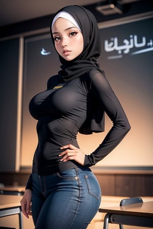 1girl, hijab, hijabergo, closeup, wearing black legging, in classroom, big ass, natural breast, beautiful face, HIJAB GIRLS,3D MODEL,firefliesfireflies,perfect