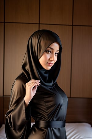 1girl, 3/4 shoot, hijab, hijabergo, closeup, wearing Abaya satin fabric, in luxury bedroom, big ass, natural breast, beautiful face, facing the camera, very real skin, HIJAB GIRLS, 3D MODEL, firefliesfireflies, perfect, photorealistic
