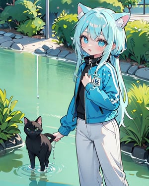 chibi cute(1 girl))(1nd girl) (blue Hair) (long Hair) ( blue Eyes) (Wearing black jacket) (Background water ) (DX12 Graphic) blue hair | 1girl | water eyes | wear underwear,face photo, background water,long hair,
long pants,cat ears