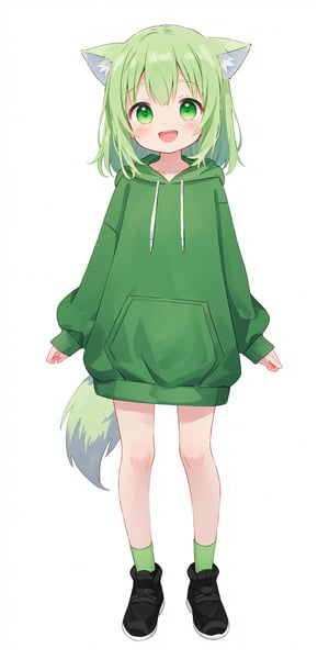 1 girl, wolf_ears, red_ears, wolf_tail, red_tail, anime_screencap, ((white_background)), ((no_background)), (((full body))), anime_character, only_character, moe, ((loli)), (child), ((standing)), long_hair, light_green_hair, ((light_green_hooded_sweatshirt)), ruffled_dress, smile, open_mouth, game_cg, masterpiece, best_quality, Cute girl