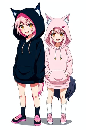 wolf girl, wolf ears, wolf tail, ((hooded sweatshirt)),  cute ribbon, standing, {{white background)), ((simple background)),  ((full body)), pink hair,  long hair, straight hair, ((anime coloring)), smile, (((1girl))), open mouth, long hair, loli, kids, alone