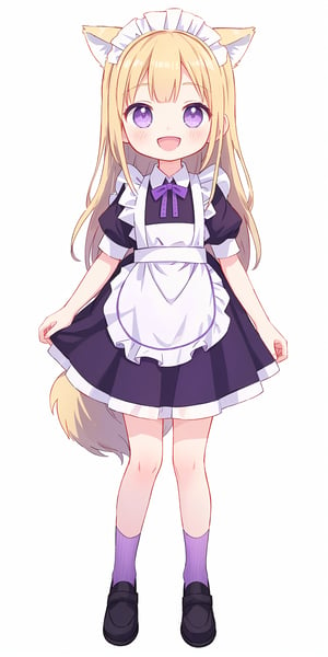 1 girl, wolf_ears, red_ears, wolf_tail, red_tail, anime_screencap, ((white_background)), ((no_background)), (((full body))), anime_character, only_character, moe, ((loli)), (child), ((standing)), long_hair, blonde_hair, ((purple_maid_dress)), ruffled_dress, smile, open_mouth, game_cg, masterpiece, best_quality