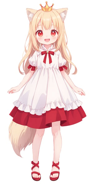 1 girl, wolf_ears, red_ears, wolf_tail, red_tail, anime_screencap, ((white_background)), ((no_background)), (((full body))), anime_character, only_character, moe, ((loli)), (child), ((standing)), long_hair, blonde_hair, ((light_red_princess_dress)), ruffled_dress, smile, open_mouth, game_cg, masterpiece, best_quality, Cute girl