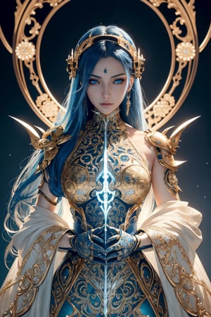 surreal photography of a stunningly beautiful cyborg female, blue eyes, embraced, delicate gold filigree, intricate detailed, glowing, in the style of beth cavener, jin kagetsu, and wlop, highly detailed, intricate filigree, chrome face symmetry, masterpiece, award - winning, sharp focus, concept art, high key, ambient lighting, 8 k, octane render