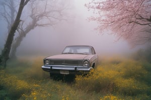 cinematic shot, abandoned car in a shallow mist, flowery trees around it, early morning, mid wide angle, low camera placement, kodachrome, ultra detailed