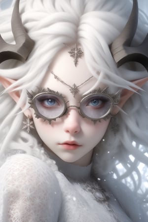 1 girl, (masterful), albino demon girl with lethargic sleepy smokey eyes,(white dreadlocks hair),((slit pupil eyes)),mesh fishnet blouse, (long intricate horns:1.2) ,wearing snowflake glasses,
best quality, highest quality, extremely detailed CG unity 8k wallpaper, detailed and intricate, 
,steampunk style,Glass Elements,snowflake glasses