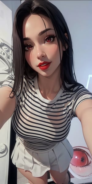 (masterpiece,  best quality, 8k raw photo), detailed background, hyper-detailed,  Detail eyes,  detail hand,  detail fingers, detail face, thick lips, red lips ,red eyes , , smile, detail hair, beauty, real life,  realistic, big_boobies, big_breast, big ass, big legs,big breasts.