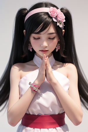 A 15-year-old Thai girl with long black hair wears red flowers around her ears.  Wear a pink sash.  and folded hands together to worship beautifully with 3D model toys of traditional Thai clothing.  On a white background, delicate, a little delicate, Thai art, Thai dance, gestures.