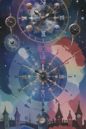 watercolor,chaosmix,time magic, magical clock, clock magic circle,universe theme clock