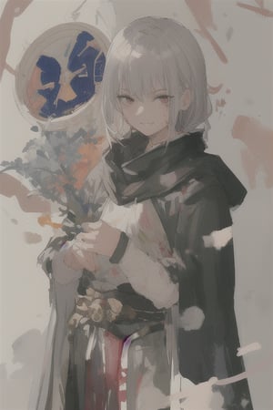 watercolor,boy,gray hair,wearing a pitch black cloak,clock,magic circles,white as snow skin,martial world,evil smile,blood all over him,knife in hand