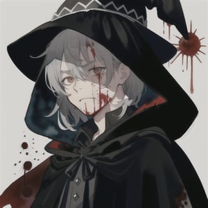 watercolor,boy,gray hair,black cloak,blood spilled all over him and his face,time magic,killer,chaotic,kind looking,villian,medium hair,cloak hat