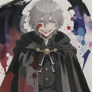 watercolor,boy,gray hair,black cloak,blood spilled all over him and his face,time magic,killer,chaotic,kind looking,villian,medium hair,smile,insane,poetic,laugh,evil laugh,evil smile