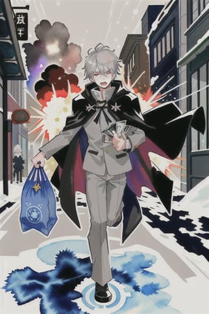 watercolor,boy,gray hair,wearing a pitch black cloak, clock shaped magic circles,explosion,white as snow skin,martial world,holding two bags full of money,robbing a bank,running in the street,explosion on the bank