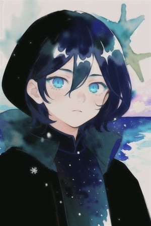 watercolor,boy,void,void eyes in the background,black cloak with stars on it,black medium hair,white as snow skin,ocean in his eyes,the galaxy on in his hair,zoom on his face