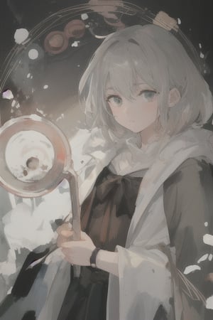 watercolor,boy,gray hair,wearing a pitch black cloak,clock,magic circles,white as snow skin,martial world