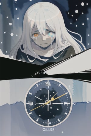 watercolor,boy,emotionless_experession,tears falling from his eyes,glitching,pitch black void cloak,white as snow skin,emotionless_eyes,time control,god killer,immortal,villian,dark blue clock,void,judgement,magic circles,Oversized shirt