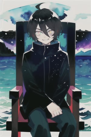 watercolor,boy,void magic,void eyes in the back ground,evil smile,insane eyes,black bloak with eyes on it,sitting on a mythical chair,black medium hair,white as snow skin,ocean in his eyes,stars on his hair,