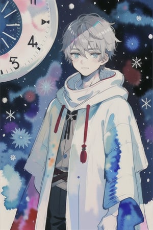 watercolor,1_boy,soft smile,a clock in his hand,the galaxy behind him,white as snow skin,gray hair,void eyes in his cloak,creature