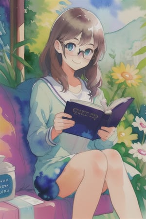 watercolor,girl,magician,kind,caring,slightly smiling,sitting,reading a book,glasses