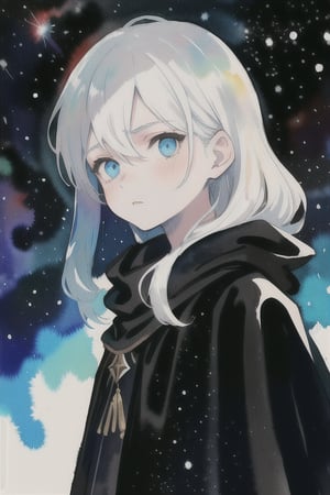 watercolor,boy,war in his eyes,stars in his black cloak,the universe as the background,white as snow skin,his hair alluring,the galaxy inside his hair