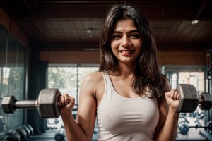 an Indian woman, lifting a small dumbbell, a modern gym,   modern house,  energetic smiling at the camera,  soft diffused lighting, Red digital cinema camera,  bokeh,  in the style of Martin Schoeller, 
,b3rli