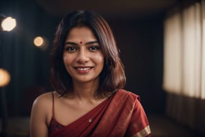 an Indian businesswoman, getting ready for the office,  upper body, excitedly smiling, soft diffused lighting, cinematic shot, Red digital cinema camera, bokeh, in the style of Martin Schoeller,b3rli